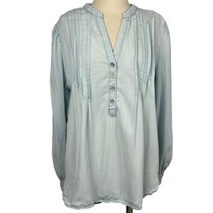 DKNY Jeans Womens Blue Lyocell Pintuck Pleated Tunic Blouse Top Large Hi-Low Hem